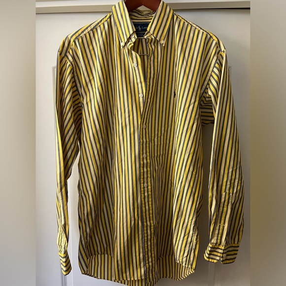 Ralph Lauren Shirt Blake‎ Fit 100% Cotton Yellow Navy Stripe Long Sleeve M - Picture 1 of 4